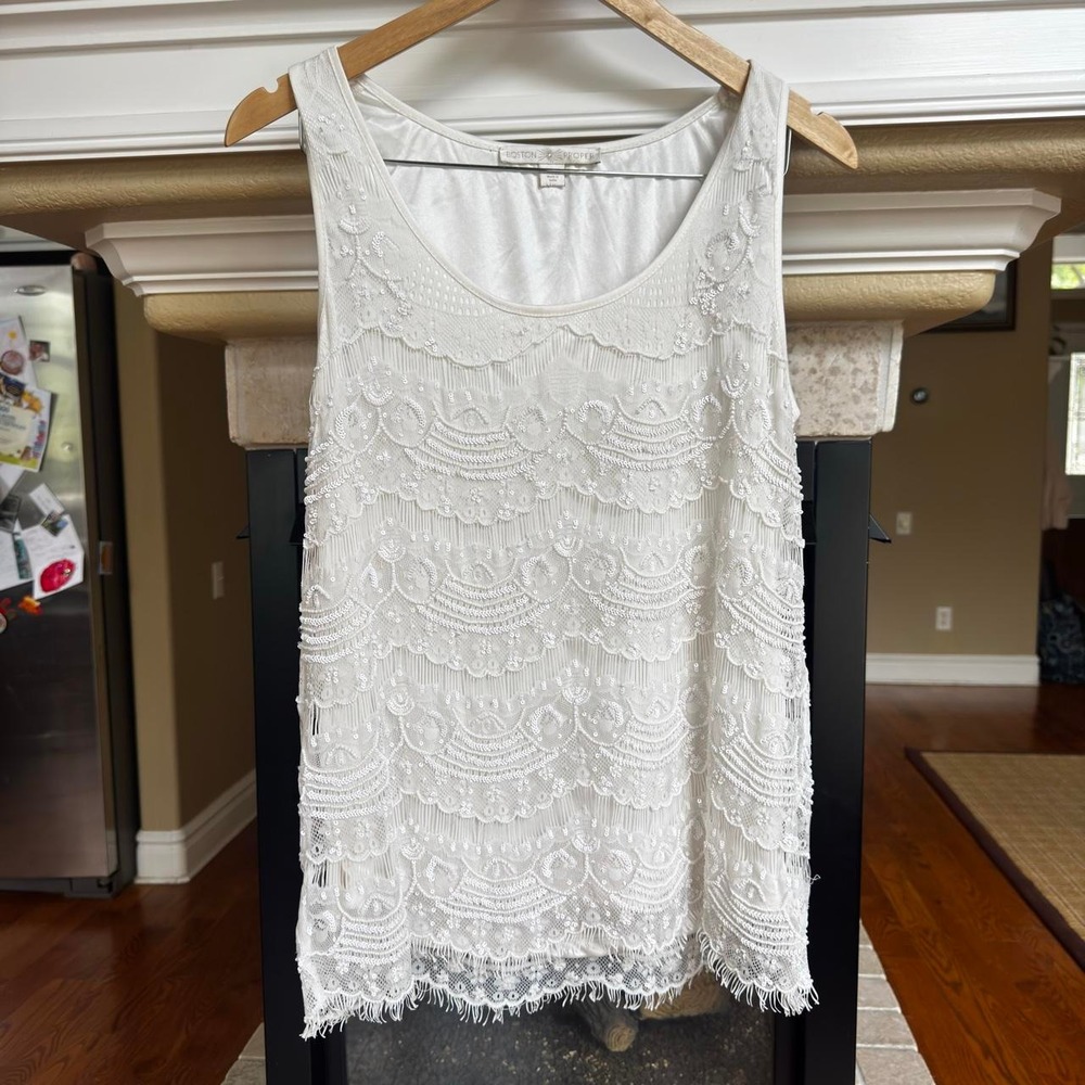 Boston Proper white beaded sleeveless top chic effortless size M - Picture 2 of 6
